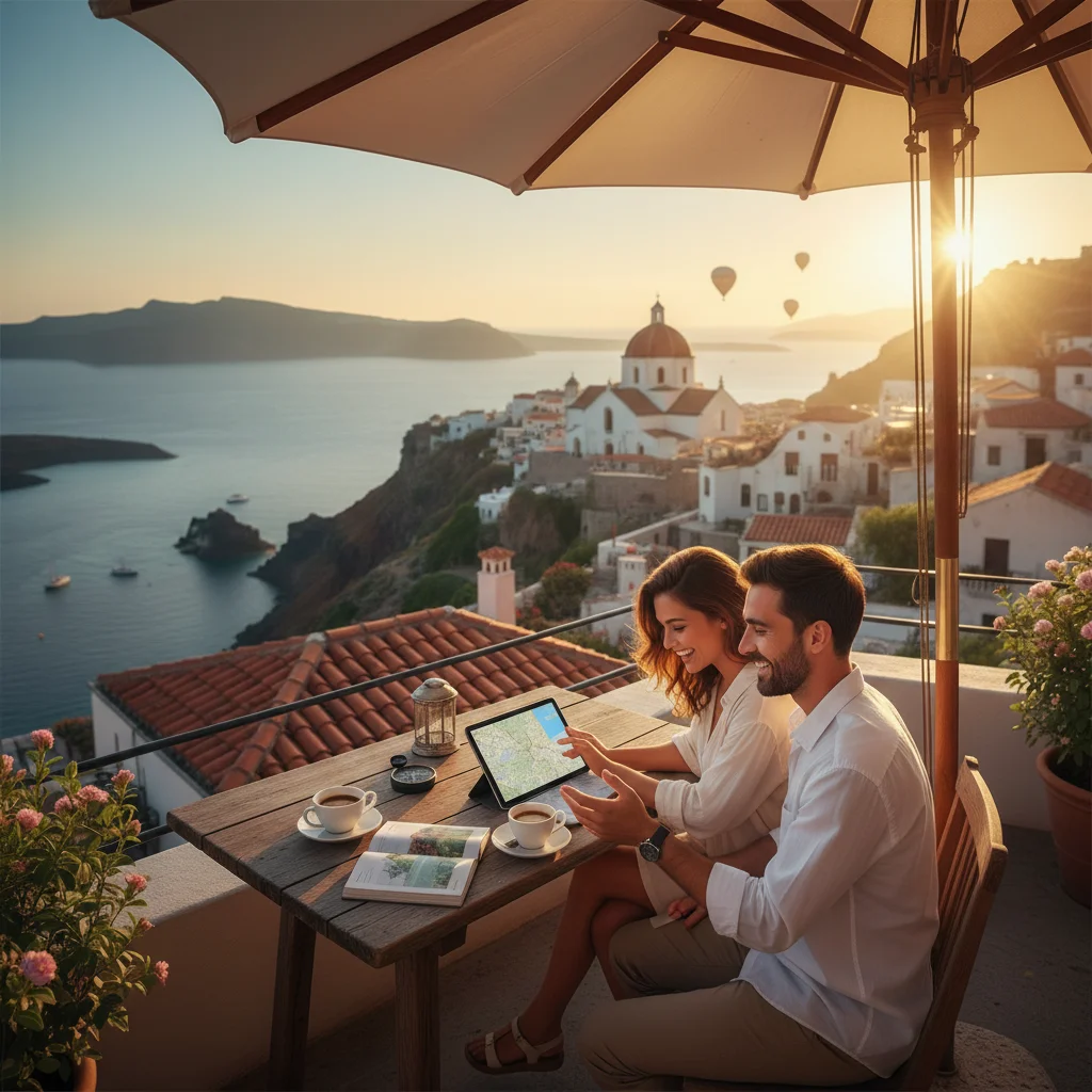 Scenic landscapes or photos of travelers at iconic landmarks.