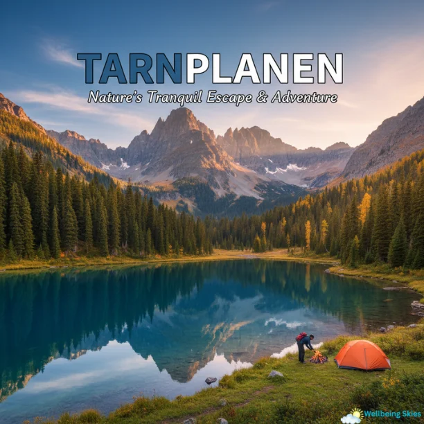 A hiker setting up camp beside a mirror-like glacial lake in Tarnplanen, surrounded by towering, rugged mountains and a pine forest under a tranquil sunset.