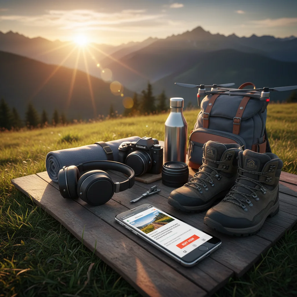 Travel gear, products, styled in an appealing way.