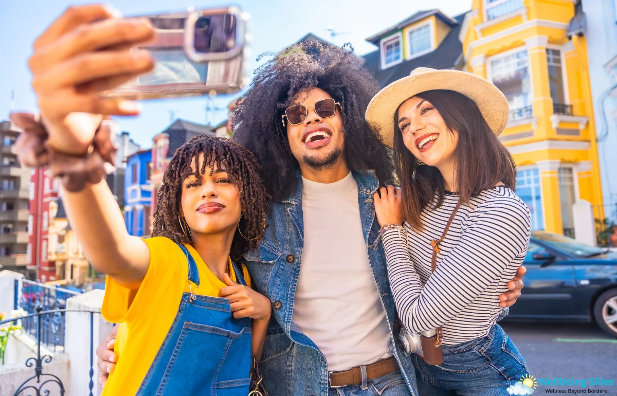 Group of travelers taking a selfie in a colorful city - Learn travel photography and blogging with our online courses.