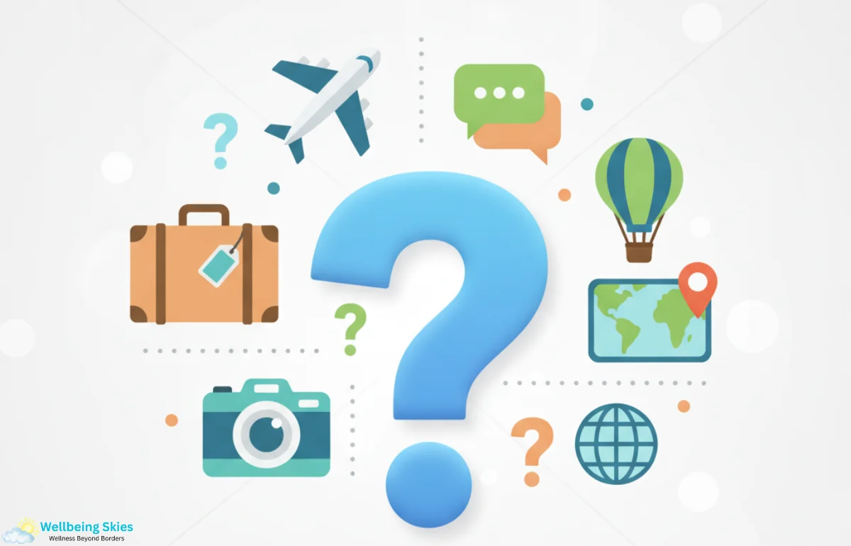 FAQs illustration featuring travel icons like airplane, suitcase, camera, and world map, with a central question mark symbol.