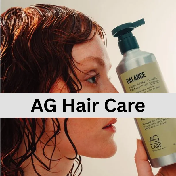 AG Hair Care Balance Shampoo for healthy hair, showing a woman with wet hair holding the product.