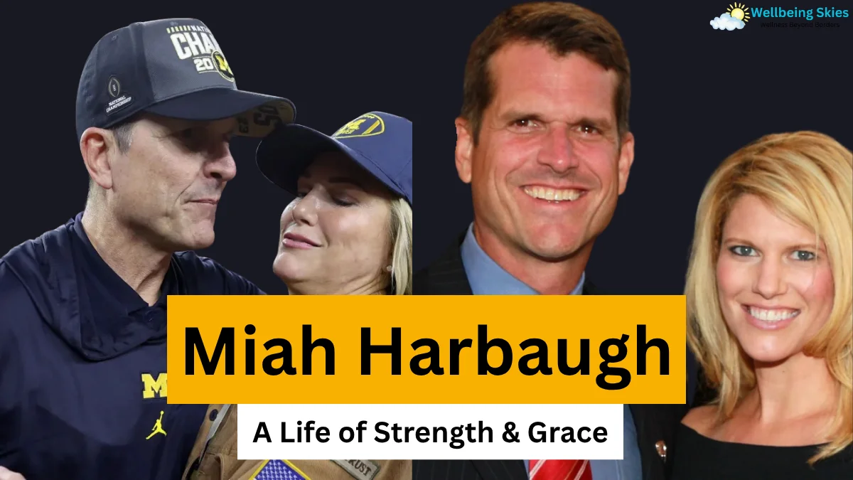 Miah Harbaugh featured alongside Jim Harbaugh in a biography-style graphic titled ‘A Life of Strength & Grace’.