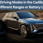Do the Driving Modes in the Cadillac Lyriq Offer Different Ranges or Battery Usages? A Cadillac Lyriq driving on the road with the dashboard display showcasing driving modes.