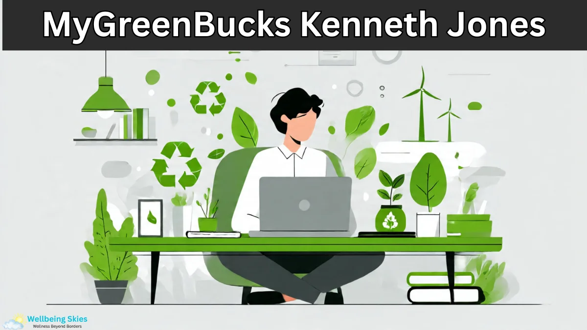 Illustration of eco-friendly financial planning showing a person working on a laptop surrounded by green elements, representing MyGreenBucks Kenneth Jones.