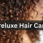 Close-up of defined curly hair with a TréLuxe product bottle, showcasing treluxe hair care results.