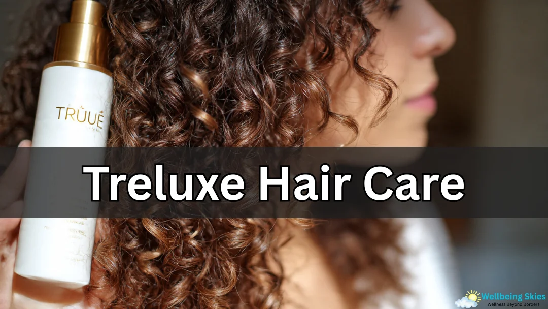 Close-up of defined curly hair with a TréLuxe product bottle, showcasing treluxe hair care results.