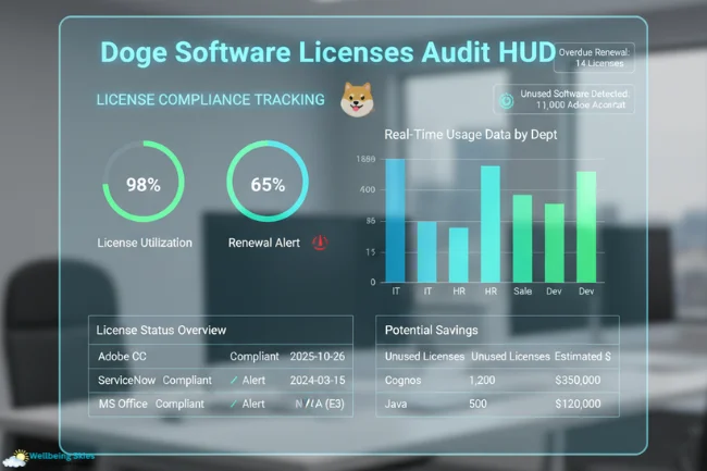 Doge Software Licenses Audit HUD dashboard showing license compliance tracking, real-time usage data, and potential savings.