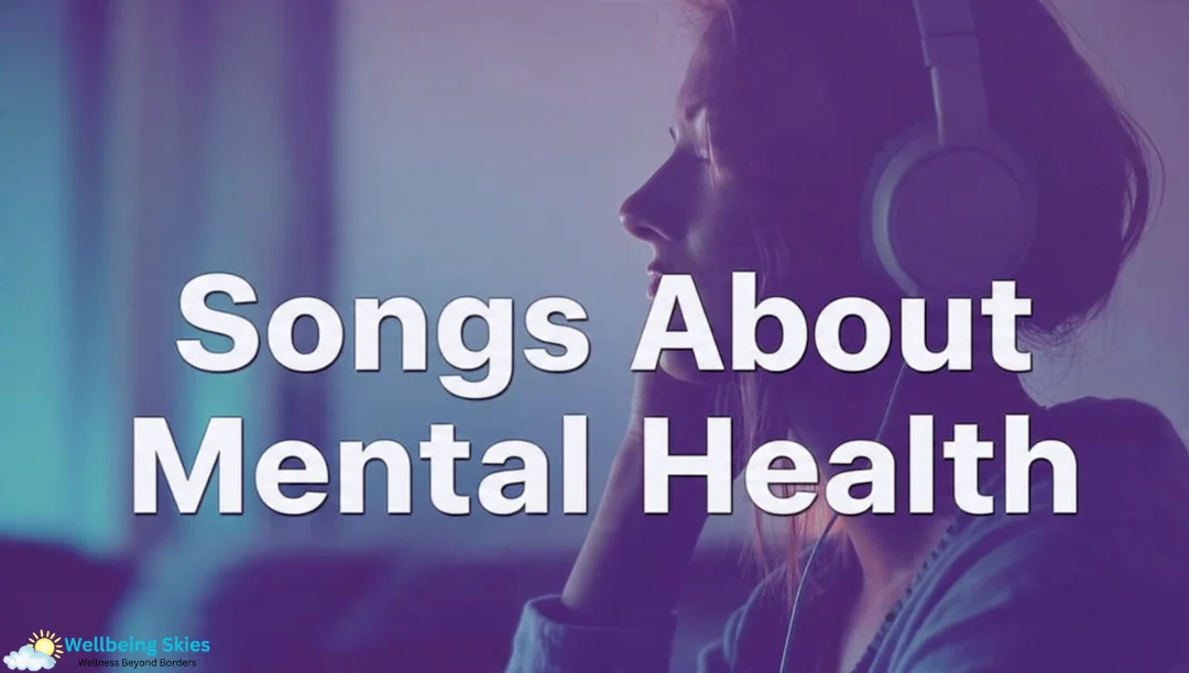 A calm young woman wearing headphones in a soft blue-purple room, listening to music and reflecting, representing songs about mental health.