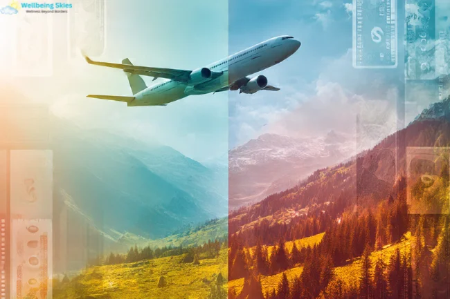 Split image showing a jet airplane flying over mountains with overlaid currency, symbolizing saving money on travel using the discount code ttweakflight.