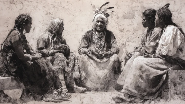 A traditional scene of Indigenous elders and youth gathered in a circle, symbolizing the oral teachings and cultural wisdom connected to Jememôtre.