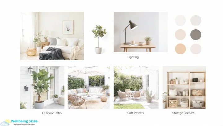 About DecoratorAdvice.com collage image showing room makeovers, lighting setups, color swatches, outdoor patio decor, and organized storage shelves.