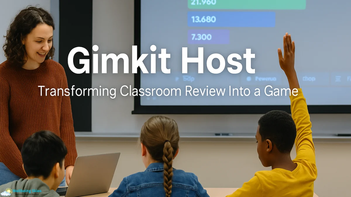 Teacher hosting an interactive classroom game as the Gimkit Host with students participating and a quiz displayed on the projector.