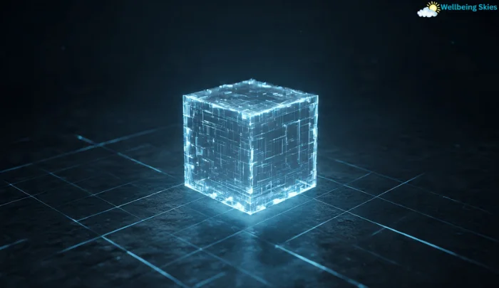 Digital 3D cube representing huzoxhu4.f6q5-3d technology on a futuristic grid surface