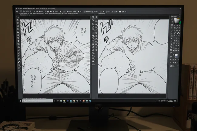 Olympus Scanlation manga editing process shown on a computer screen with raw and cleaned pages side by side.
