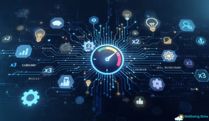 High-tech digital illustration showing automation, AI icons, and a performance speed gauge representing improved productivity.