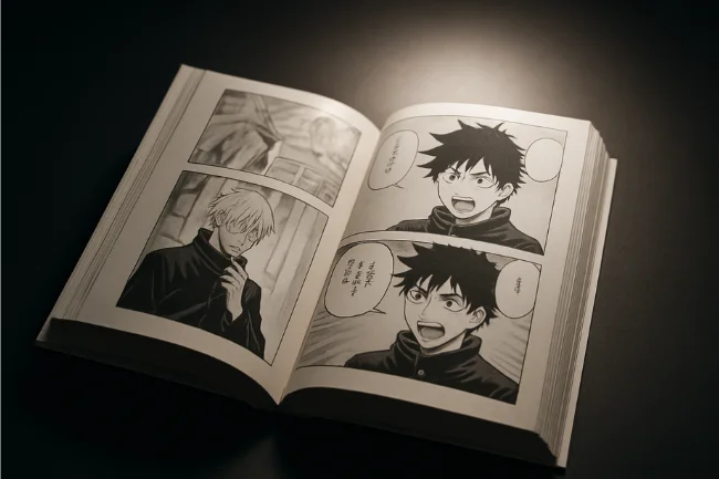 Open manga book under soft lighting representing Olympus Scanlation’s focus on quality and clear visuals.