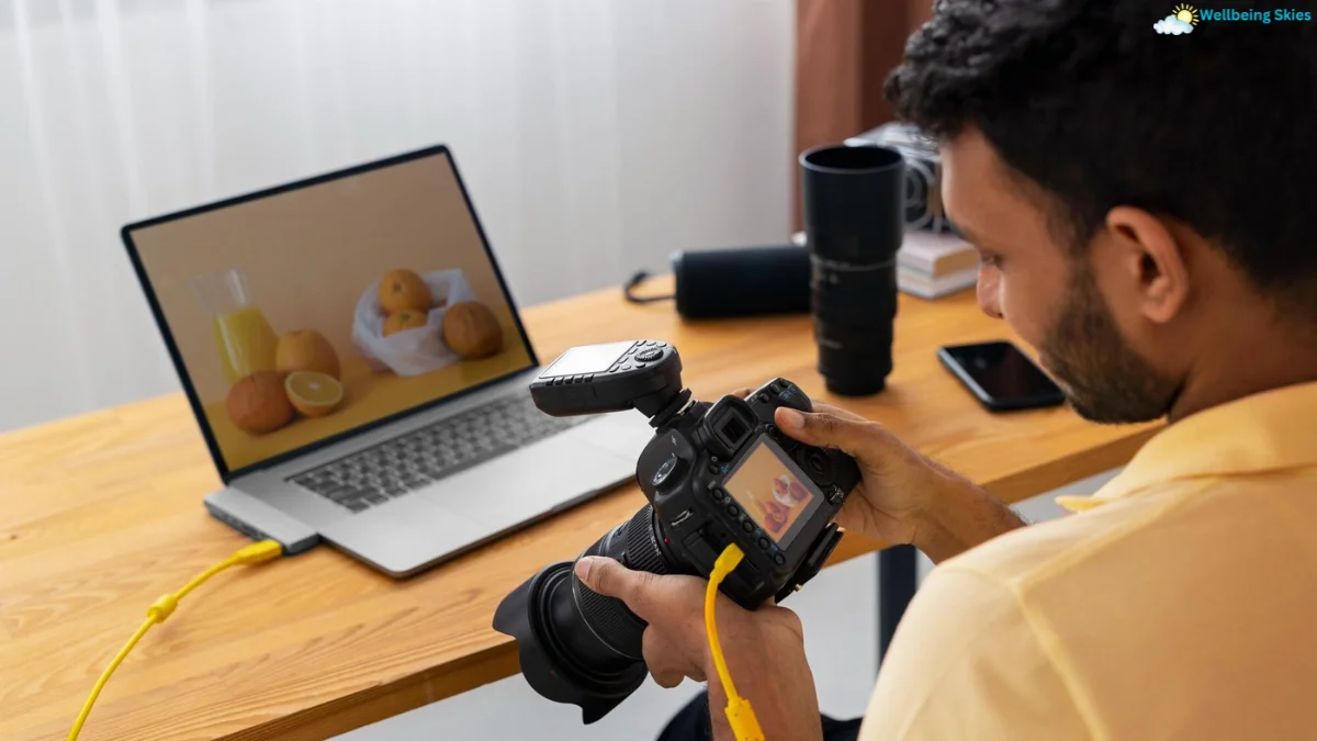Photographer reviewing product shots on a camera while editing visuals on a laptop, enhanced using Nano Banana AI.