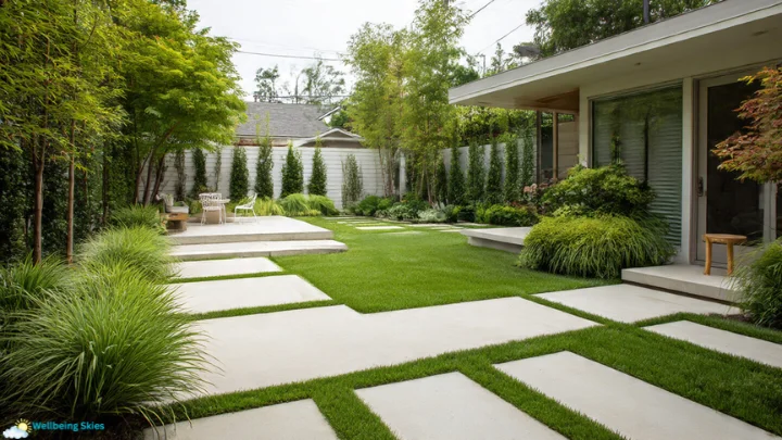KDarchitects Landscape Ideas by Morph showing a modern backyard with clean concrete pathways, lush greenery, and minimalist outdoor seating.