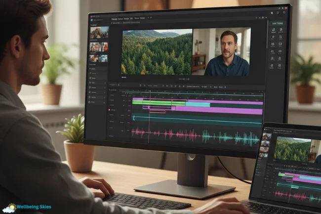 Editor working on a video timeline with multiple clips and audio tracks, enhanced using Nano Banana AI for smoother content creation.