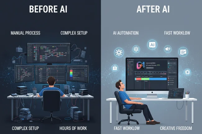 Before-and-after comparison showing how Nano Banana AI simplifies content creation through automation and faster workflows.