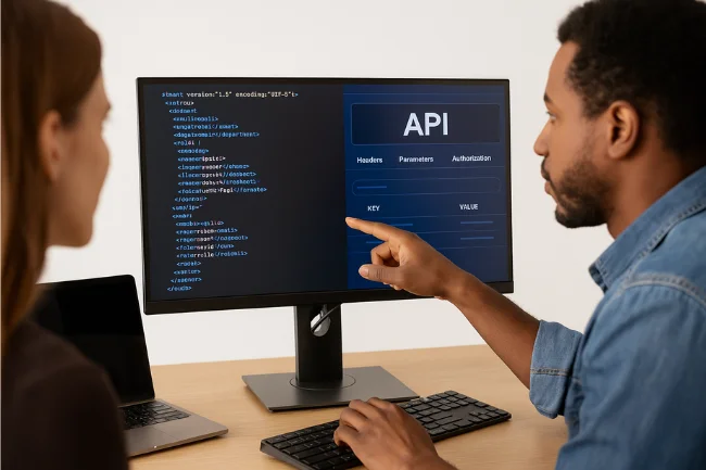 Developers reviewing XML code and API integrations related to xvif interoperability on a computer screen
