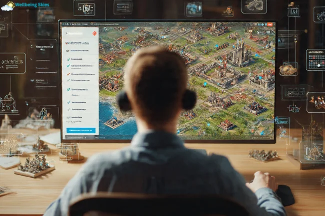 EvonyGalore gamer analyzing strategy on screen while playing a city-building battle game