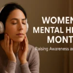 Calm woman wearing headphones during women's mental health month, highlighting reflection and emotional well-being
