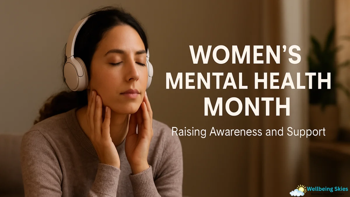 Calm woman wearing headphones during women's mental health month, highlighting reflection and emotional well-being