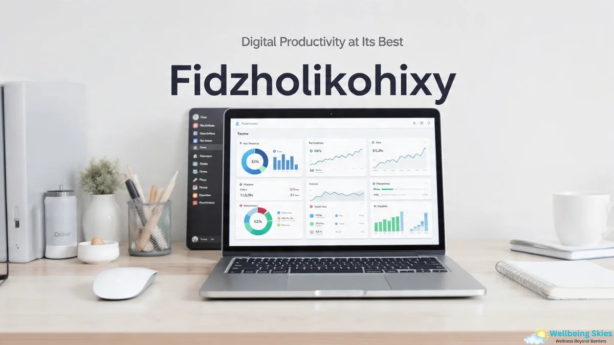 Minimal modern workspace with a laptop displaying productivity dashboards showcasing Fidzholikohixy digital workflow tools.
