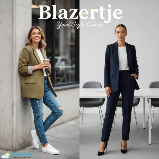Blazertje worn by two models, one casually in jeans and sneakers, the other formally in a pantsuit, demonstrating its versatility.