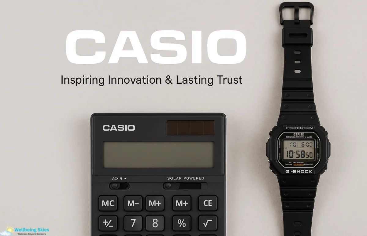 Casîo watch and calculator on a modern minimalist desk symbolizing innovation, reliability, and timeless design.