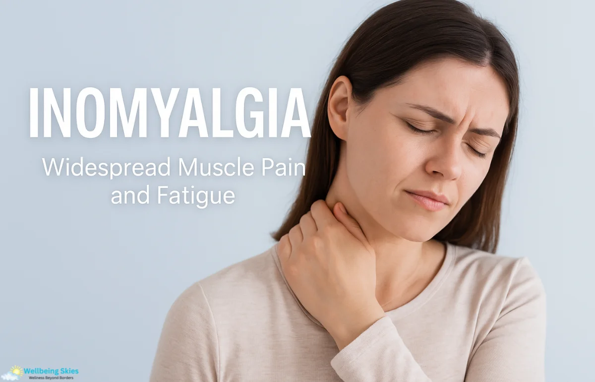 A woman holding her neck in mild discomfort, symbolizing chronic pain and fatigue associated with Inomyalgia.