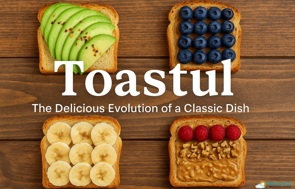 Colorful slices of Toastul topped with avocado, fruits, and nuts on a wooden table.