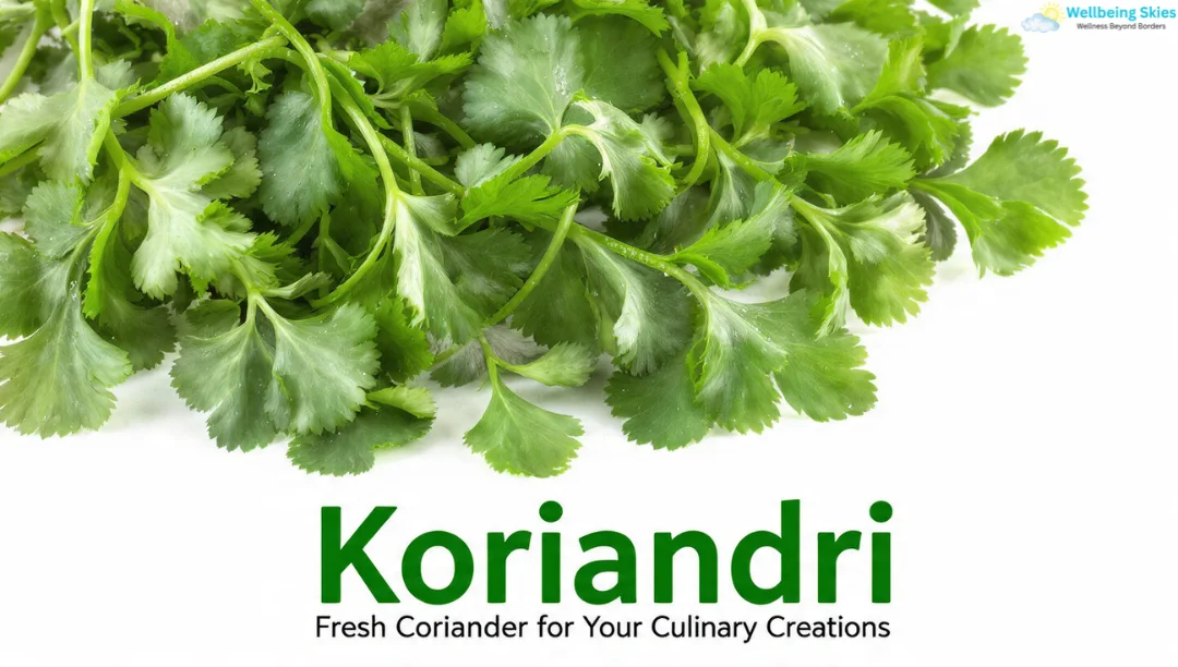 Fresh green Koriandri leaves on a white background, highlighting the herb’s natural texture and vibrant color.