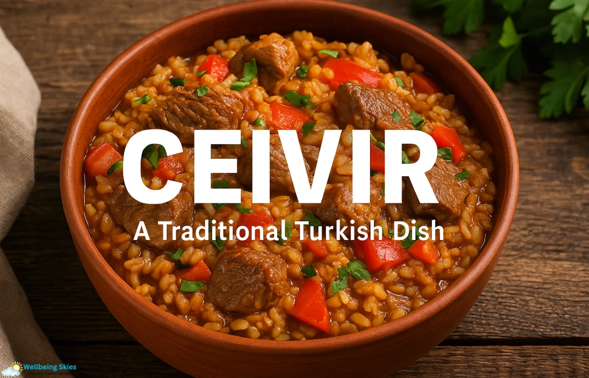 Ceıvır – a traditional Turkish dish made with grains, tender meat, and colorful vegetables served in a rustic clay bowl.
