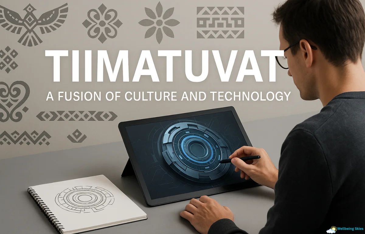 A designer working on futuristic digital artwork surrounded by cultural patterns, symbolizing the fusion of culture and technology in Tiimatuvat.