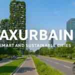 Axurbain — modern sustainable city with green buildings, rooftop gardens, and cyclists symbolizing smart urban living.