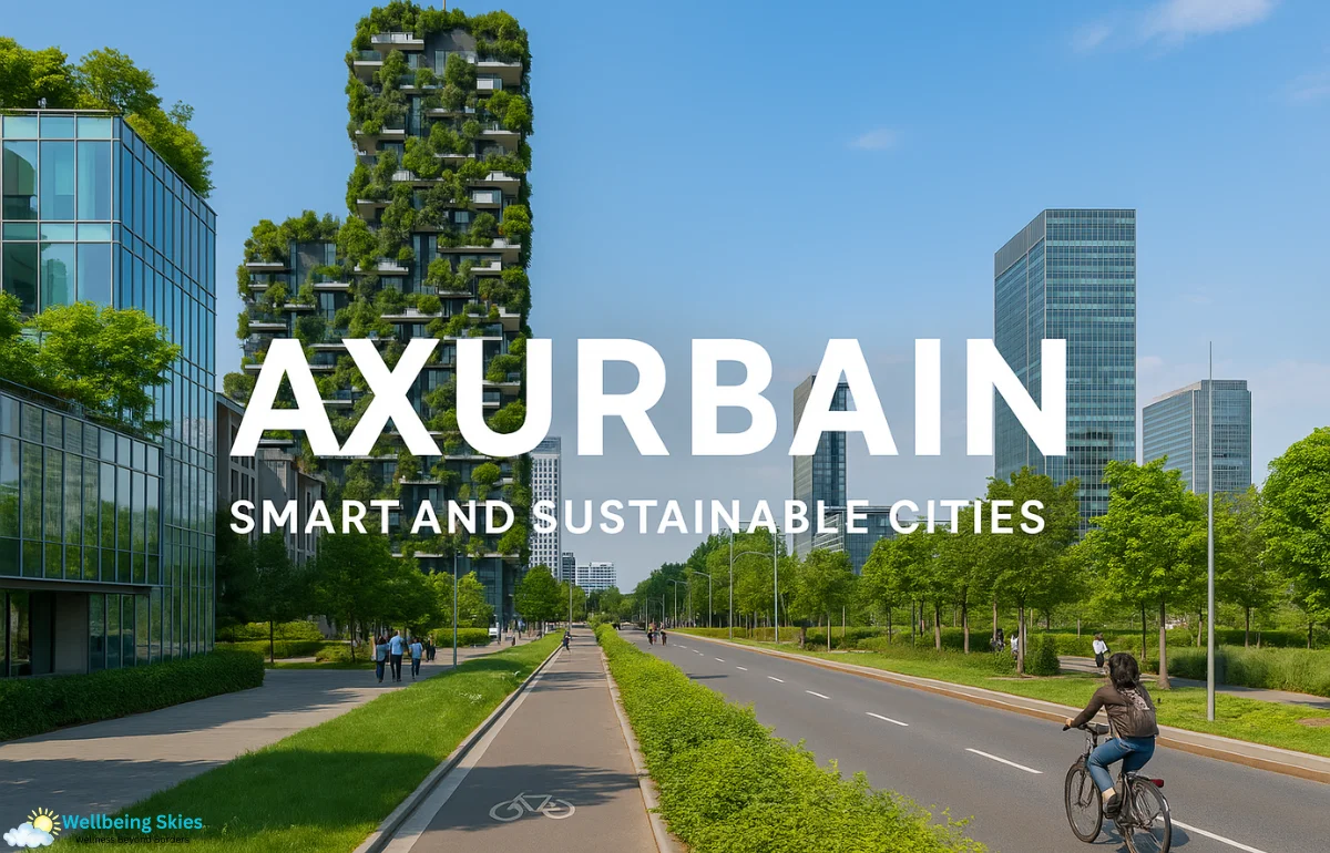 Axurbain — modern sustainable city with green buildings, rooftop gardens, and cyclists symbolizing smart urban living.