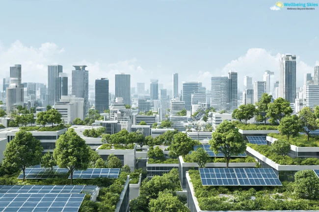 Axurbain — sustainable city skyline with green rooftops, solar panels, and trees showing eco-friendly urban innovation.