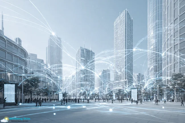 Axurbain — futuristic smart city with digital data connections linking skyscrapers and streets, symbolizing technology-driven urban design.