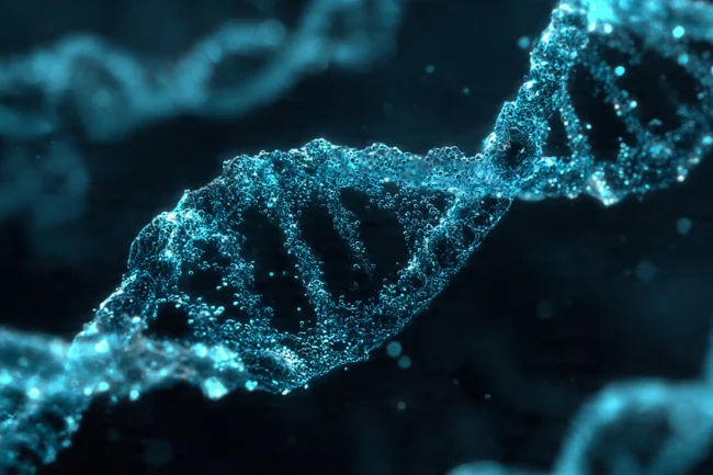 Close-up digital image of a glowing blue DNA strand representing the concept of Cellulogia, linking cellular science with modern technology.