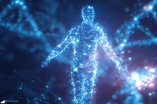 Digital illustration of a human silhouette made of glowing blue network connections, symbolizing Cellulogia — the harmony between cellular science and technology.