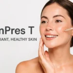 Woman applying SkinPres T serum for radiant, healthy, and glowing skin.