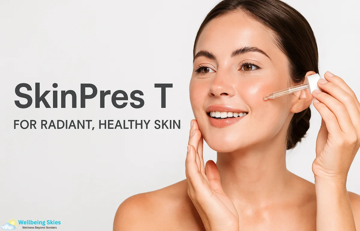 Woman applying SkinPres T serum for radiant, healthy, and glowing skin.