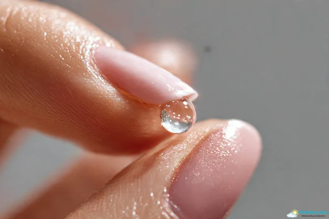 Close-up of fingers holding a water droplet to show hydration power of SkinPres T serum.