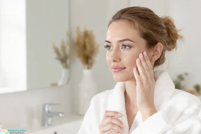 Woman gently applying SkinPres T serum to her face while looking in the mirror, showcasing a daily skincare routine.