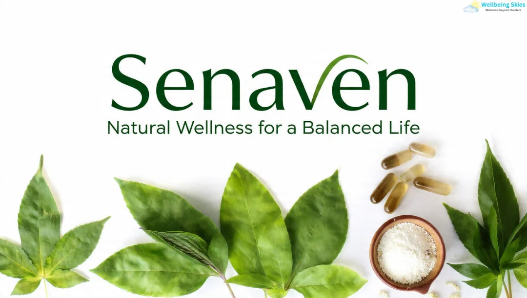 -Senaven natural wellness supplement with herbal leaves and capsules on a clean white background.