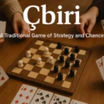 Players enjoying the traditional strategy game Çbiri with cards and board pieces on a wooden table