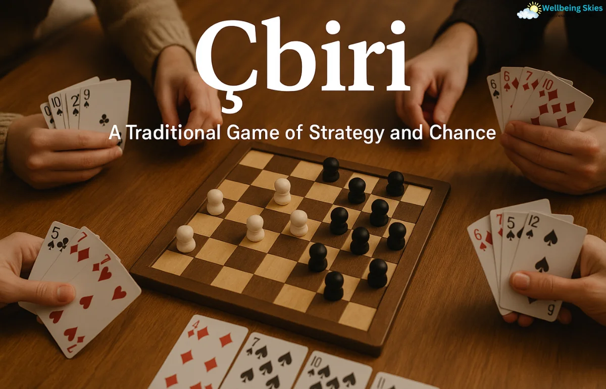 Players enjoying the traditional strategy game Çbiri with cards and board pieces on a wooden table